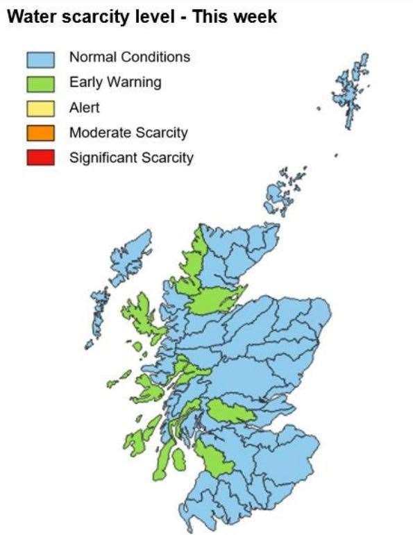 The areas shaded green are subject to an 'early warning', while those in blue are experiencing 'normal' water levels. Picture: Sepa.