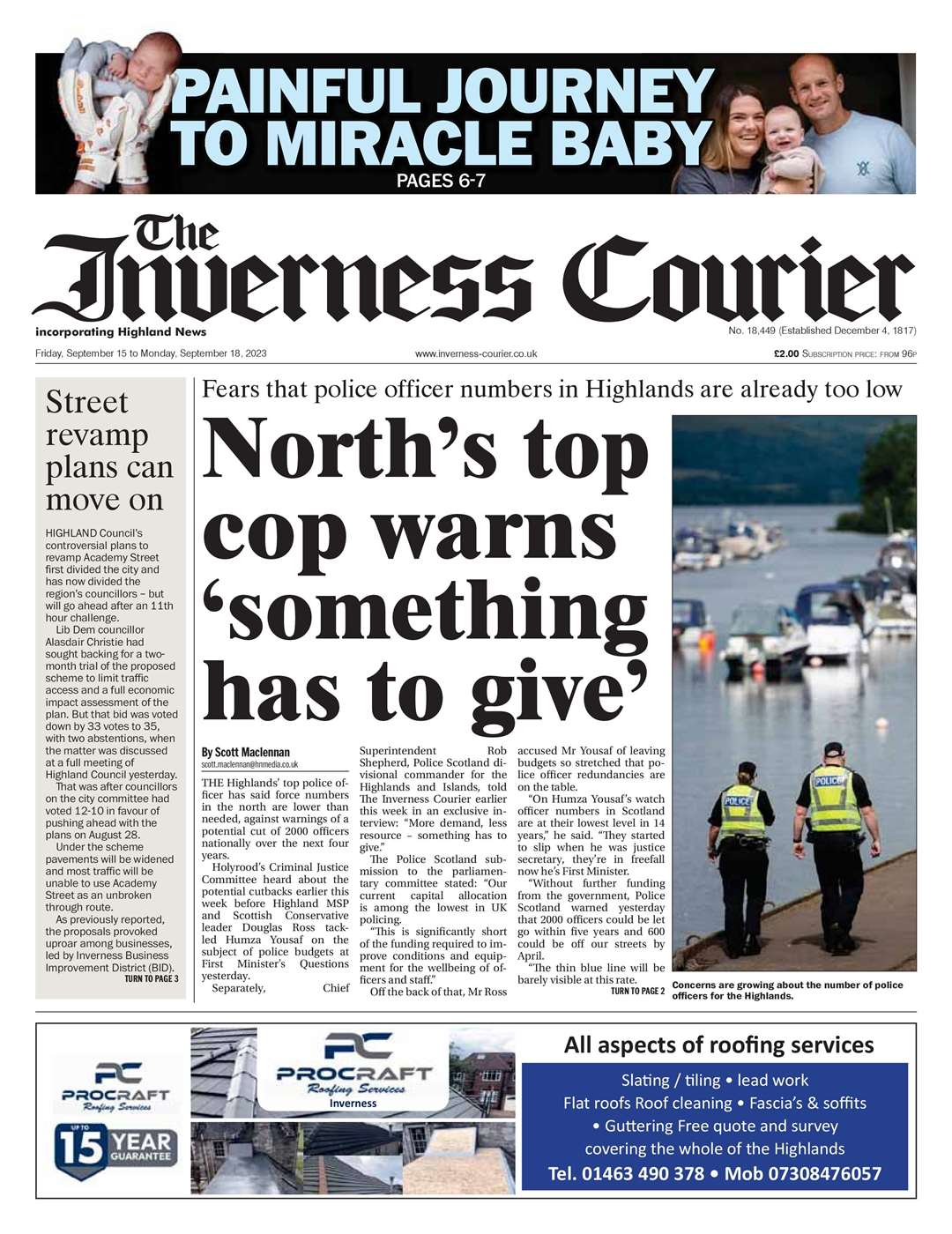 The Inverness Courier, September 15, front page.