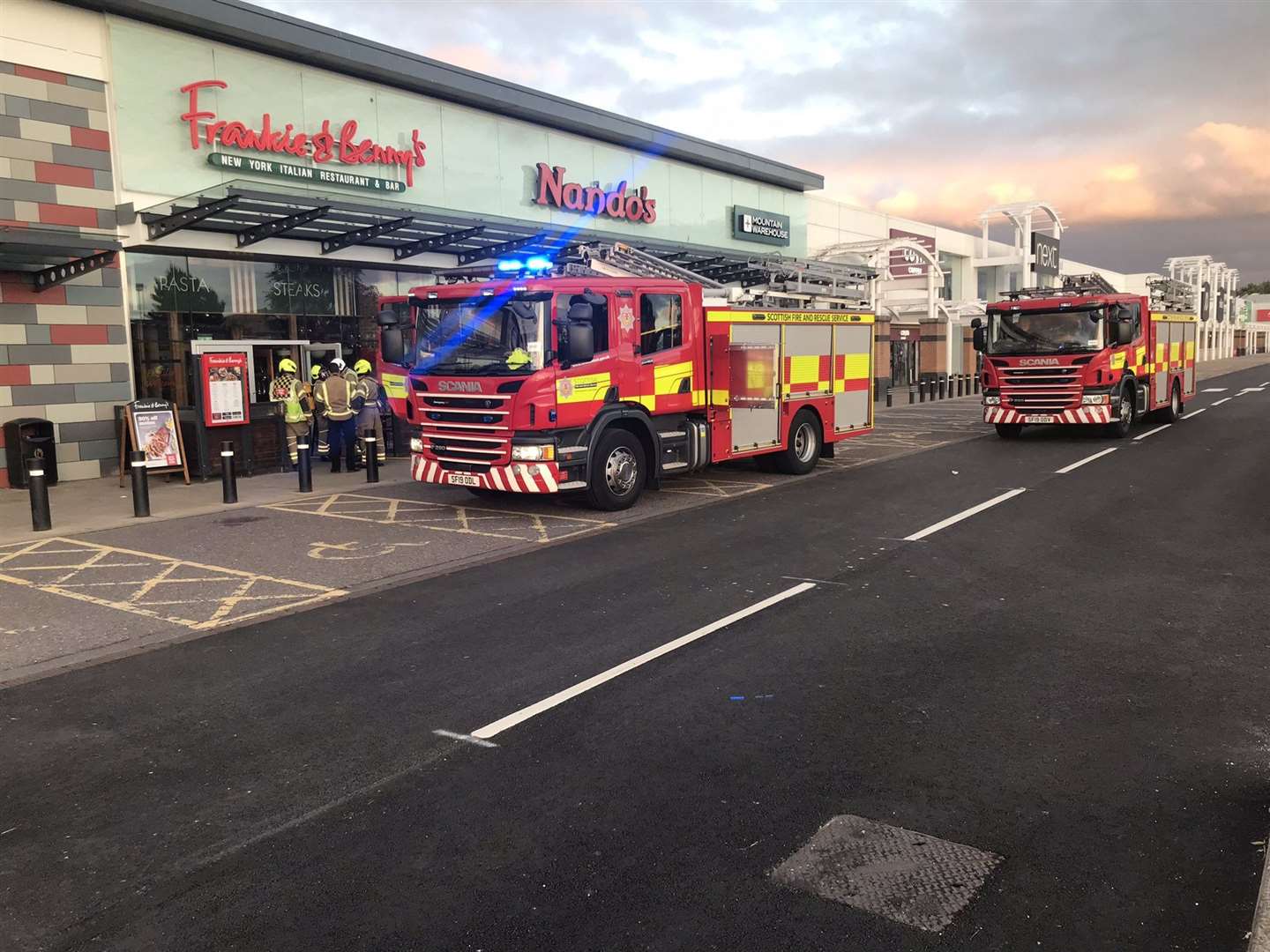 Fire appliances at the scene outside Frankie & Benny's in Inverness last night.