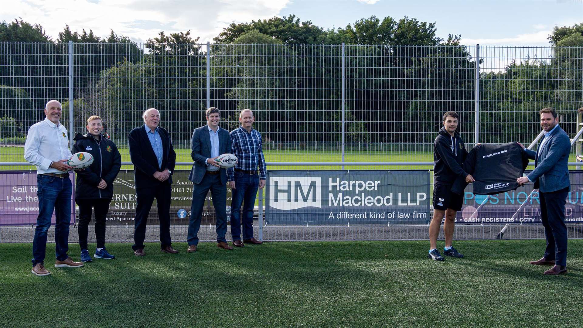 Chris Kerr, Head of Harper Macleod’s team in the Highlands and Islands, and Development Officer Ruaridh MacDonald mark the partnership while Director of Rugby Brian Bell, Development Officer Hugo Crush, and Harper Macleod’s David Eason, Calum MacLeod and Ross Thomson look on. Picture: Owen Cochrane
