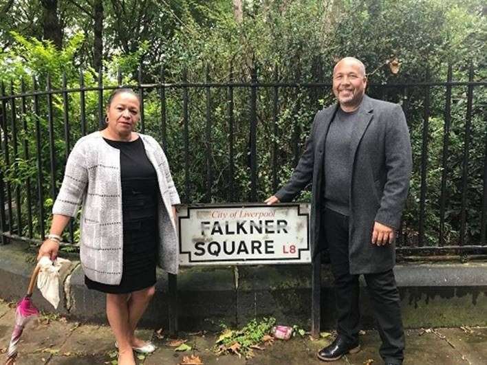 Michelle Charters, chairwoman of the advisory panel, and Eric Lynch’s son, Andrew, in Falkner Square, one of the places being considered for a slavery memorial plaque (Liverpool City Council/PA)