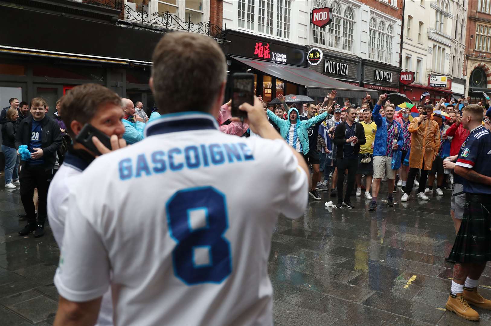 An England fan’s shirt pays tribute to Paul Gascoigne, star of Euro 96 (Kieran Cleeves/PA)