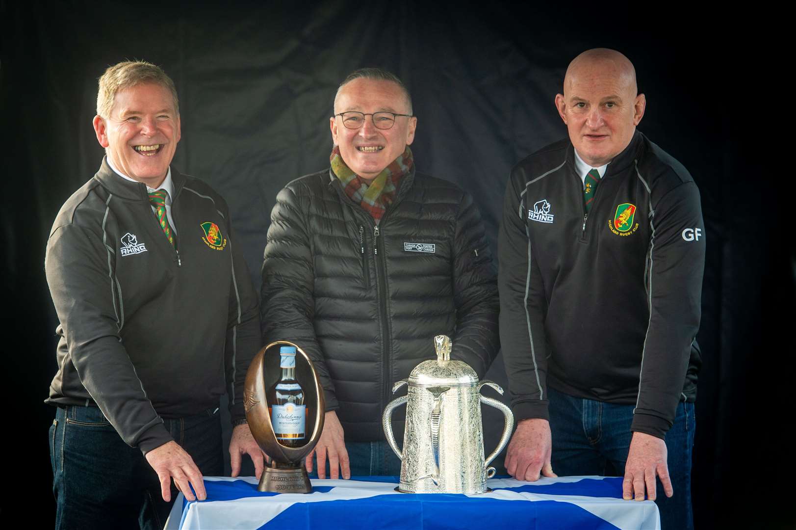 Calcutta Cup at Highland Rugby Club..Roy Dinnes Vice President, Alan Barrie chair of the George Barrie Rugby Foundation and Graham findlater President...Picture: Callum Mackay..