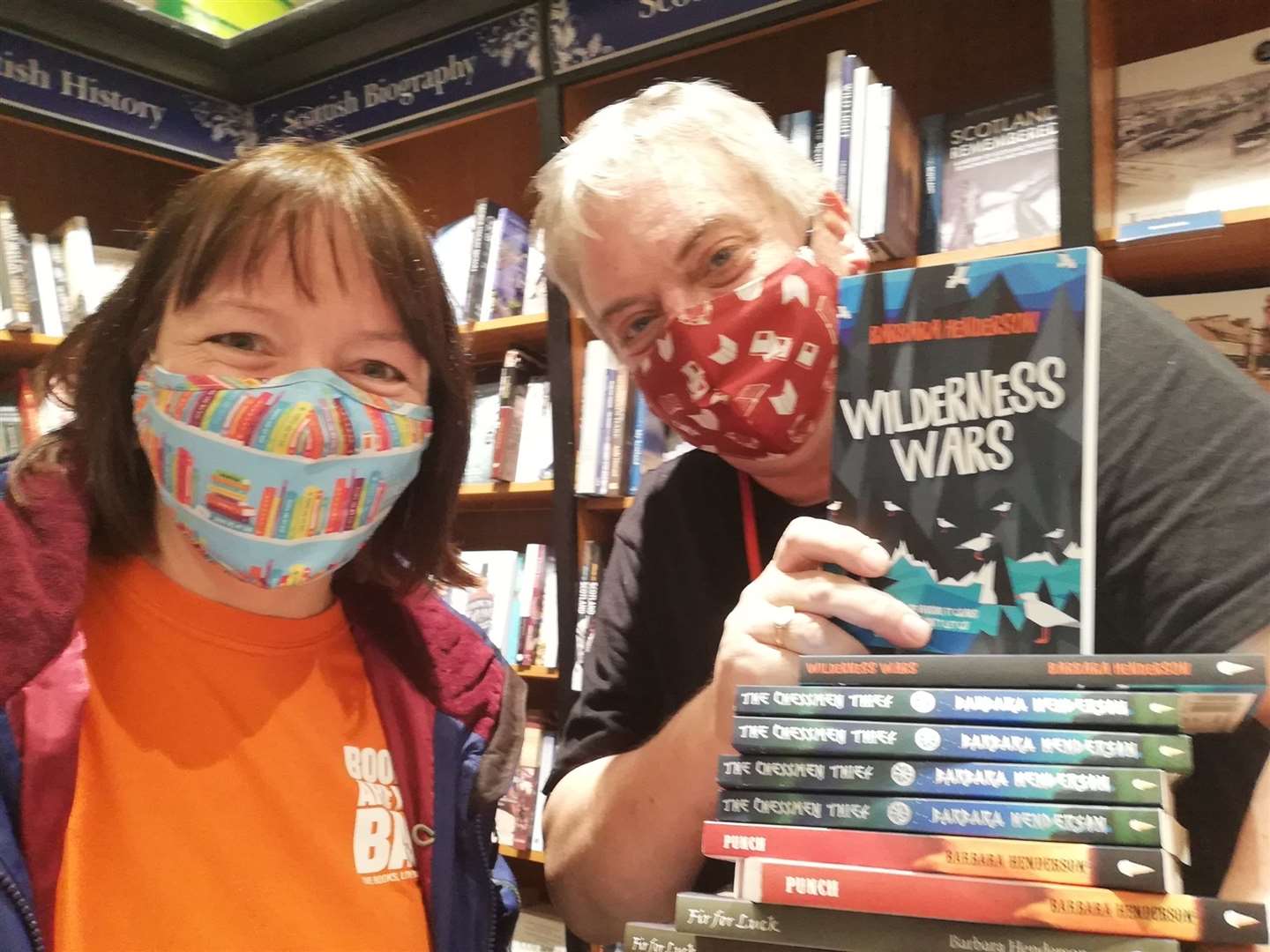 Back in Inverness at Waterstones, Barbara is pictured with John Feetenby.