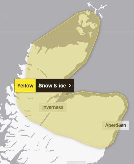 The area covered by the yellow warning for snow and ice. Picture: Met Office.