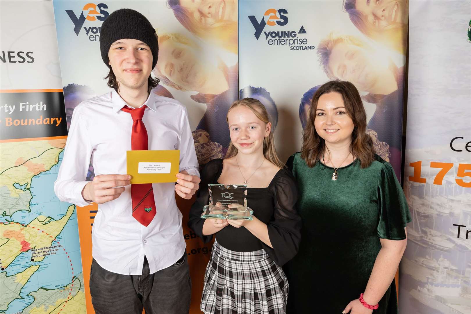 Glen Urquhart High School (l-r): Josh Howden, Juliet Hall, Lucy Morrison from Young Enterprise Scotland