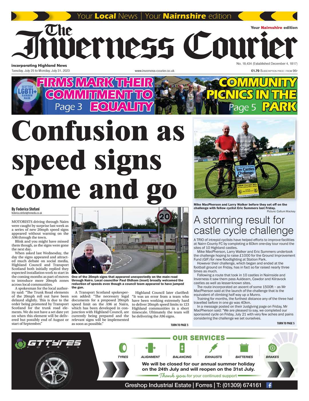 The Inverness Courier (Nairnshire edition), July 25, front page.