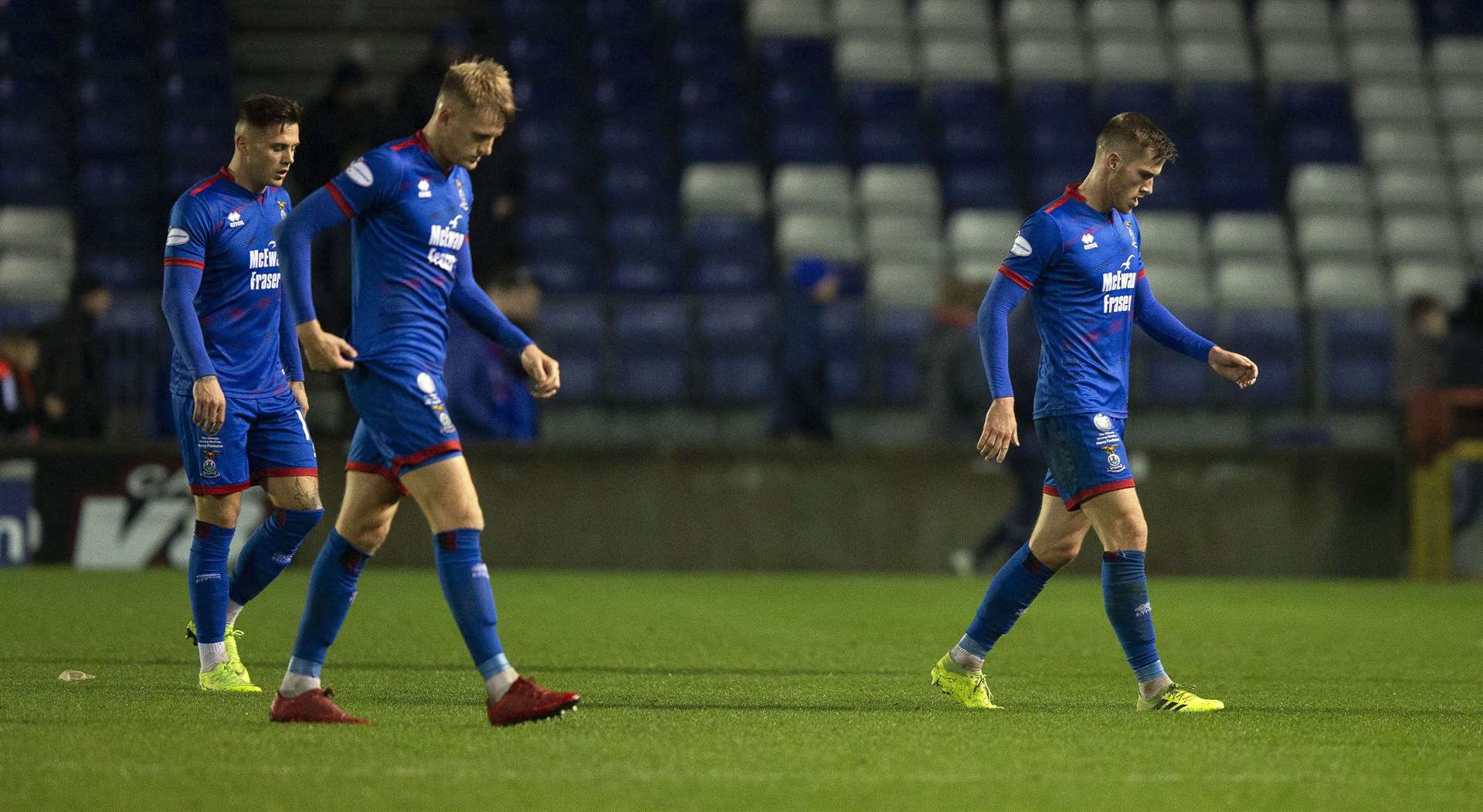 Picture - Ken Macpherson, Inverness. Inverness CT(0) v Dundee Utd(3). 02/11/19. Very disappointed ICT players at the end, Miles Storey, Coll Donaldson, and Jamie McCart.