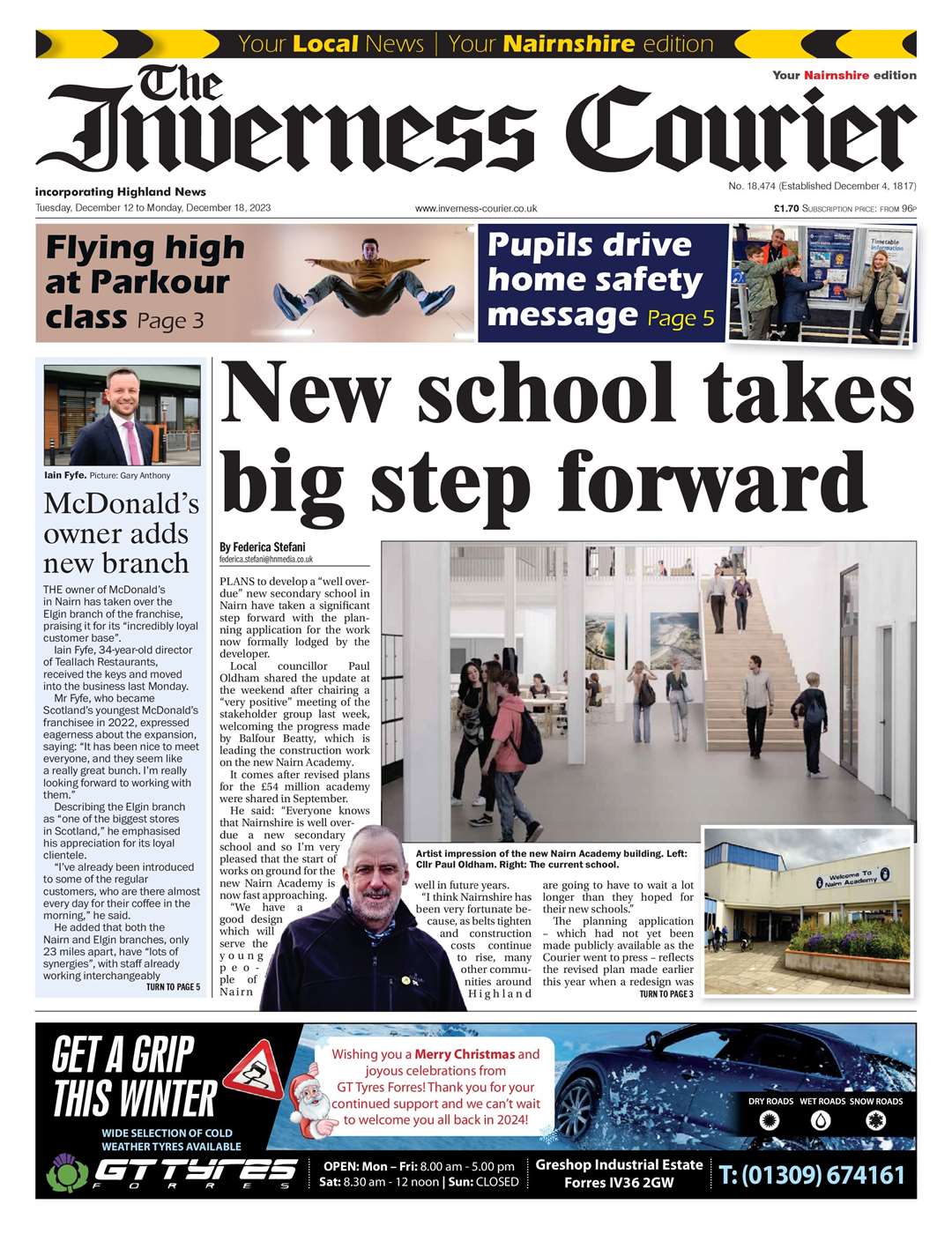 The Inverness Courier (Nairnshire edition), December 12, front page.