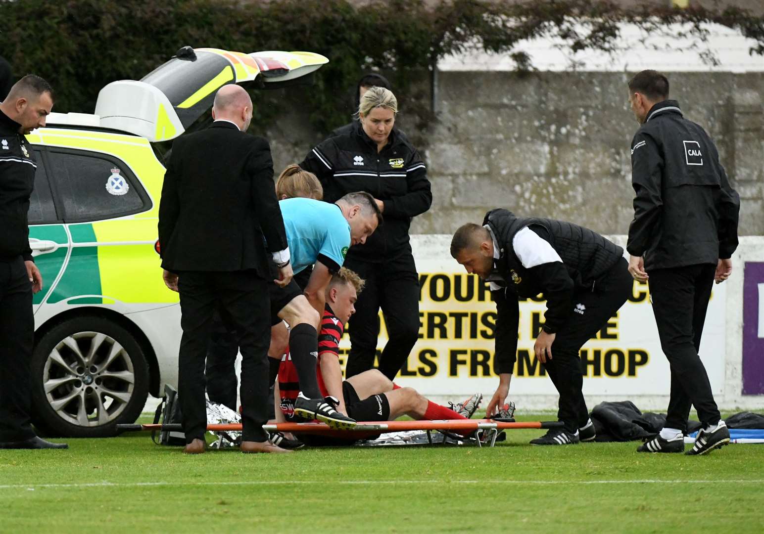 Nathan Meres on the stretcher. Picture: James Mackenzie.