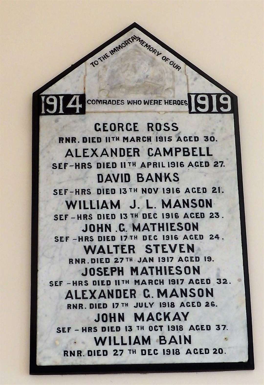 The Memorial to the Fallen of the First World War which is in John O'Groats Village Hall has the same four names on it. Picture: John O'Groats Development Trust