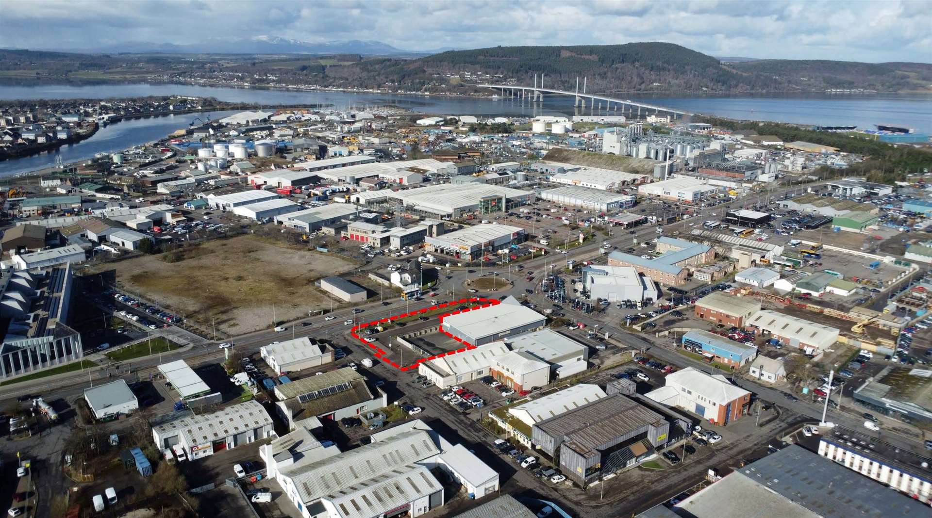 An aerial shot of the Longman location in Inverness.