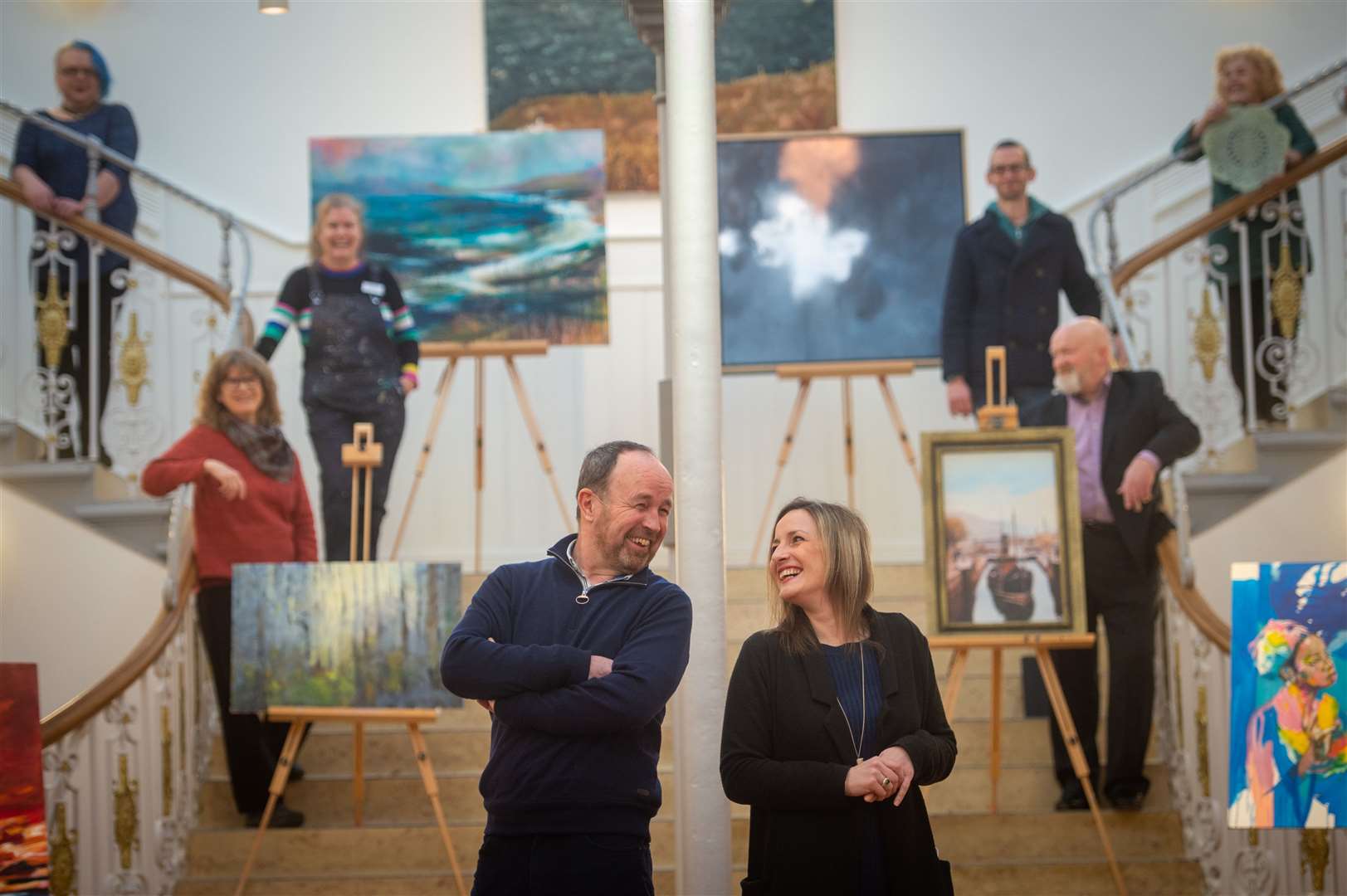 The first tenants to move into the new building, Professor Donald Maclean and former BBC Producer Kate Hooper of StrategyStory are joined by some of the artists working in the first phase to mark the official opening of Inverness Creative Hub.