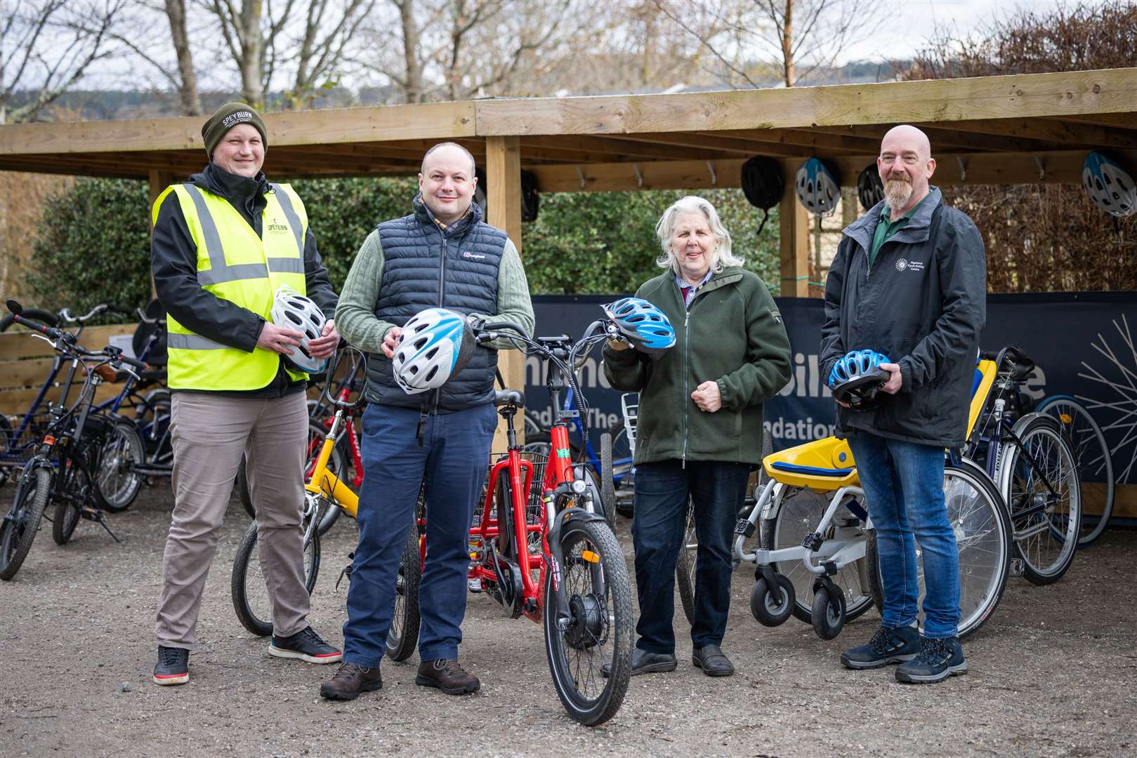 (from left) David Rogerson (Assistant Distillery Manager at Speyburn Distillery), Euan Henderson (Distillery Manager), Joanna McGregor (Founder and Chairman of Highland Cycle Ability Centre) and Graham Maciver (Cycle mechanic at the centre).