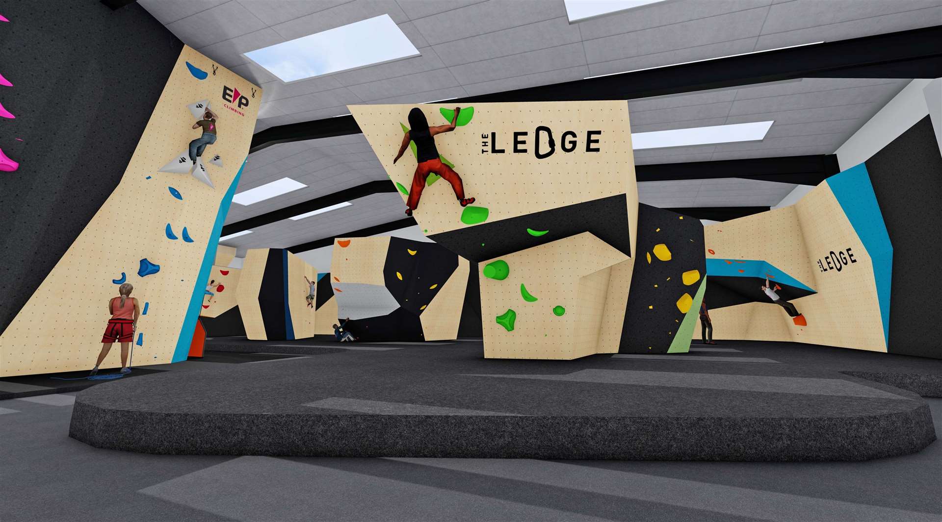 An artist's illustration of The Ledge climbing gym in Inverness.
