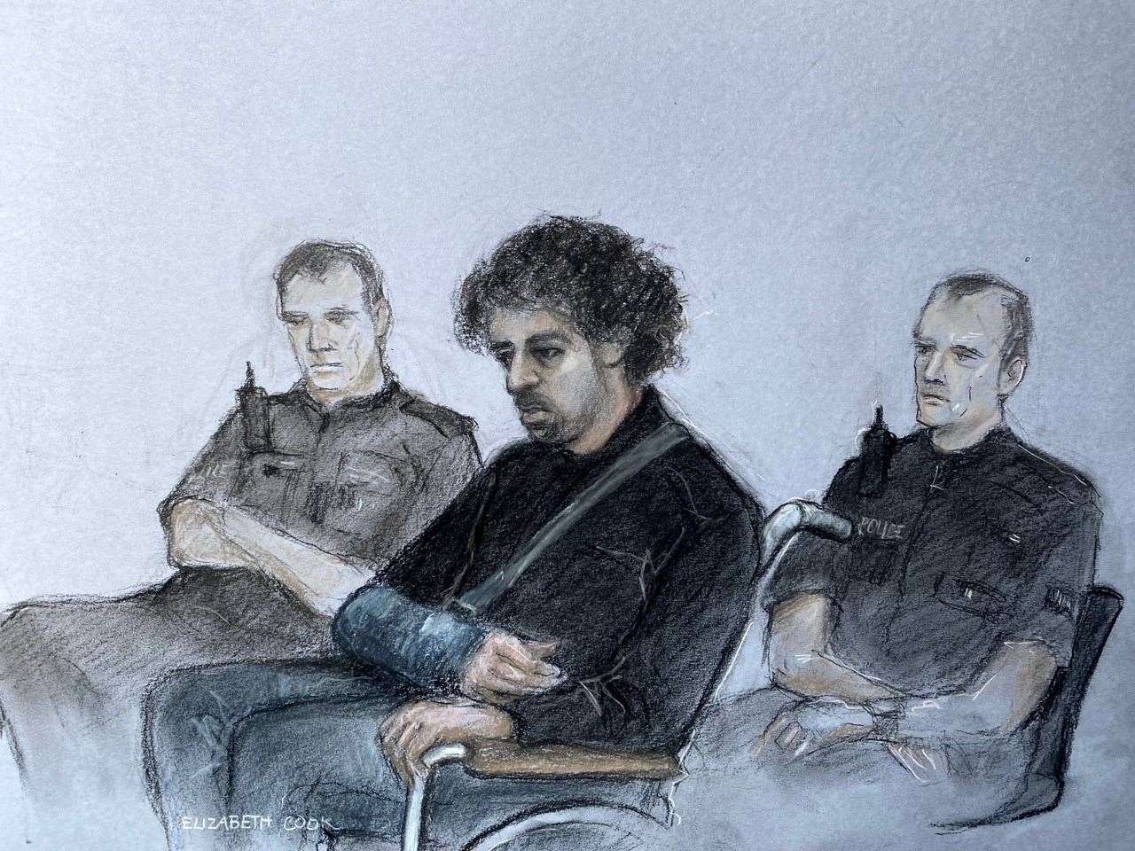 Court artist sketch by Elizabeth Cook of Louis De Zoysa at Northampton Crown Court charged with the murder of Matt Ratana (Elizabeth Cook/ PA)