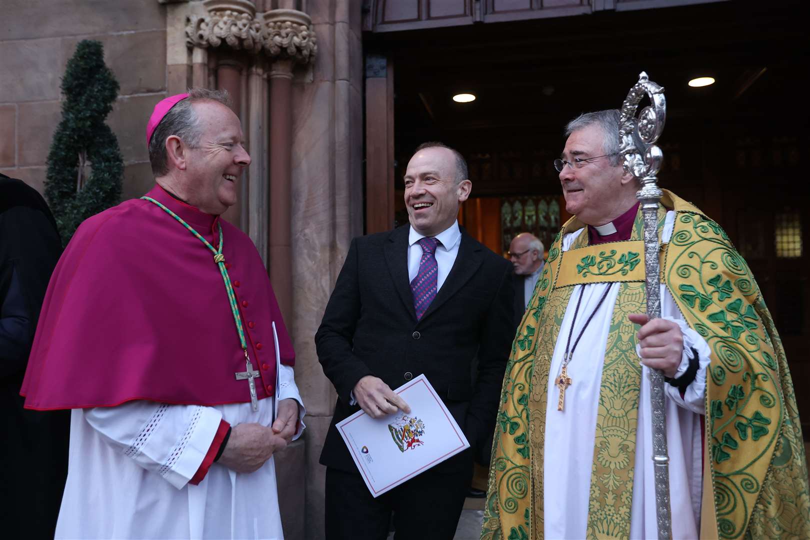 Archbishop Eamon Martin and Archbishop of Armagh, the Most Revd John McDowell, with Northern Ireland Secretary Chris Heaton-Harris at the end of a Service of Thanksgiving in preparation for the Coronation of King Charles III at St Patrick’s Cathedral, Armagh. (Liam McBurney/PA)