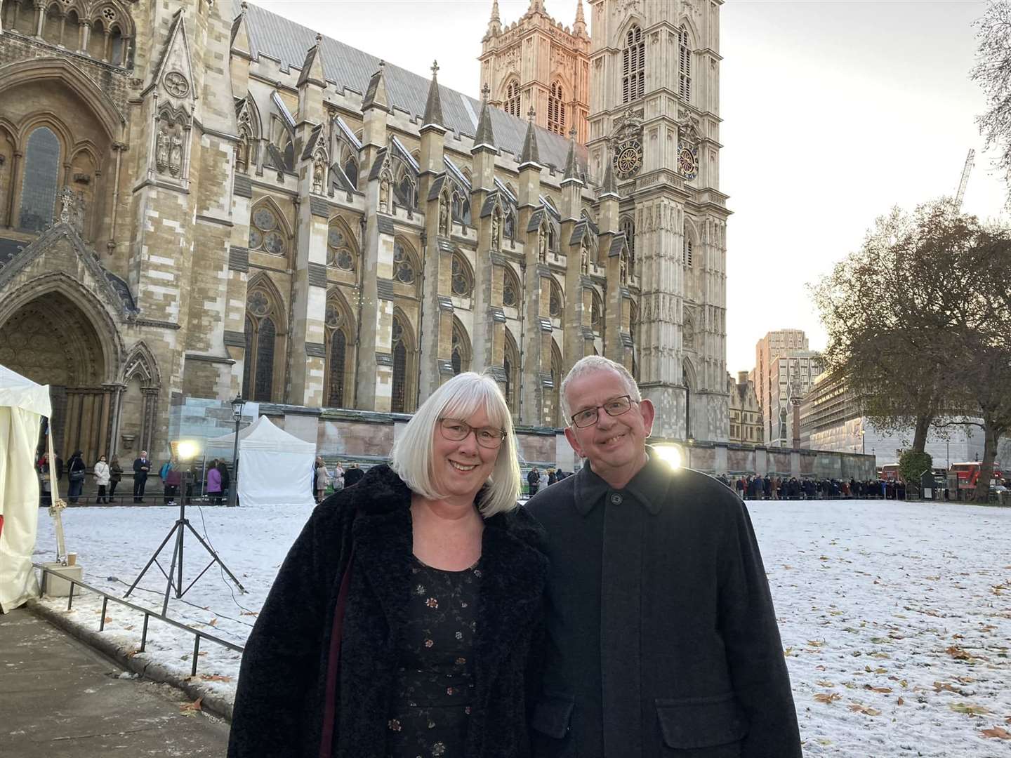 John and Lorna Dempster outside Westminster Abbey.