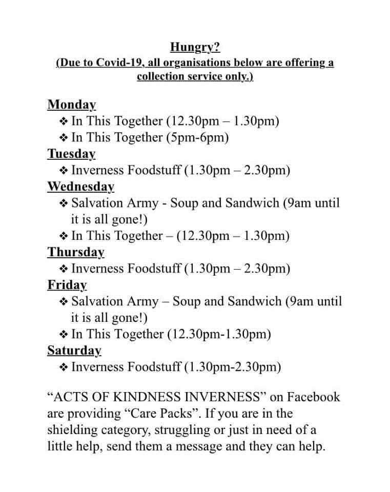 A list has been published of where anyone who is hungry can get a meal in Inverness.