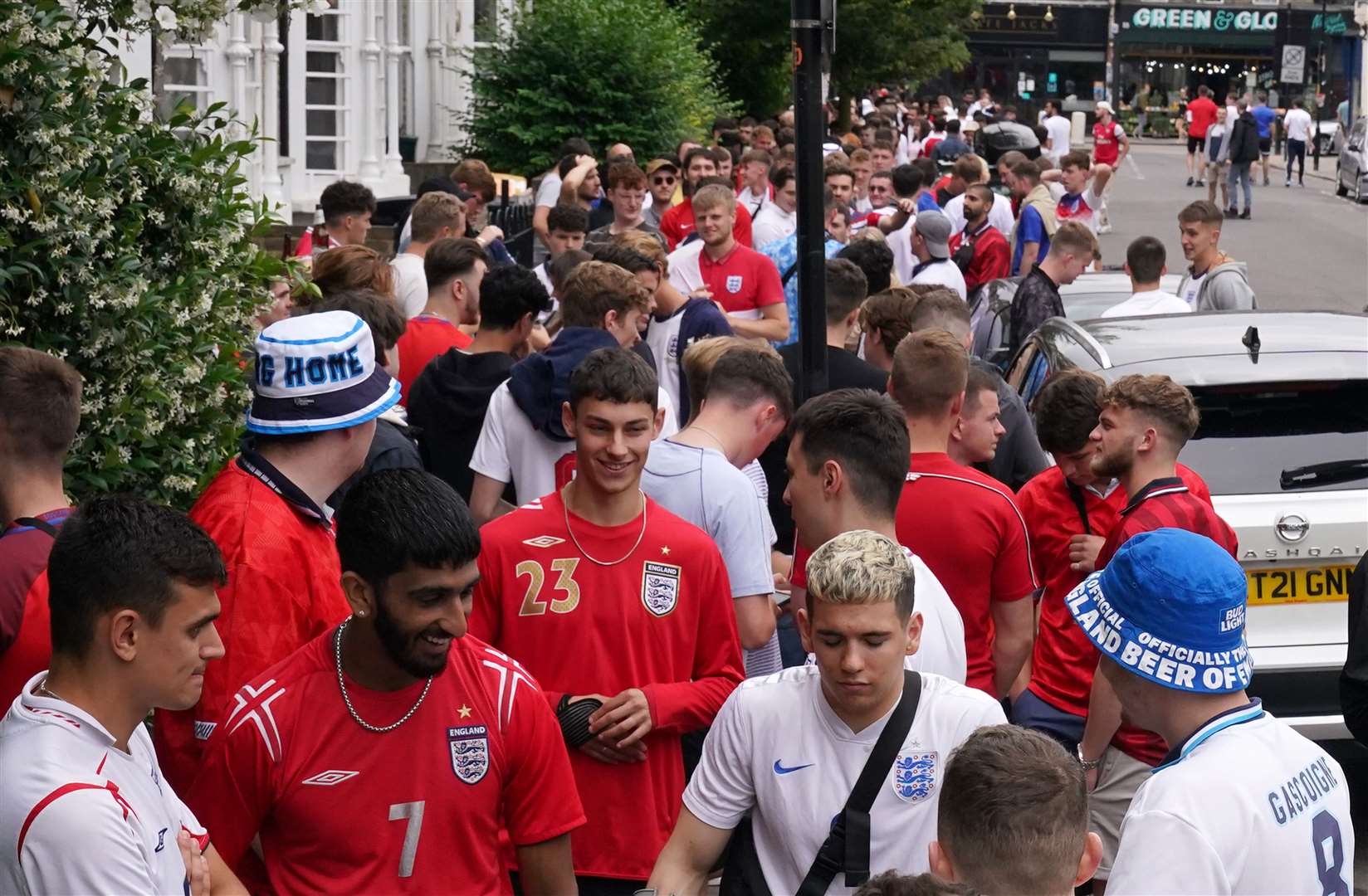 England fans queuing outside the The Faltering Fullback pub in Finsbury Park, London (Jonathan Brady/PA)