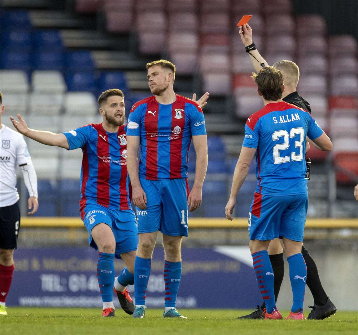 Picture - Ken Macpherson, Inverness. Inverness CT(1) v Dundee(1). 20.04.21. ICT’s Scott Allardice is shown the red card by referee Mike Roncone.
