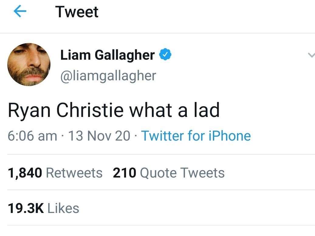 Liam Gallagher tweeted his admiration for Inverness lad and Scotland hero Ryan Christie