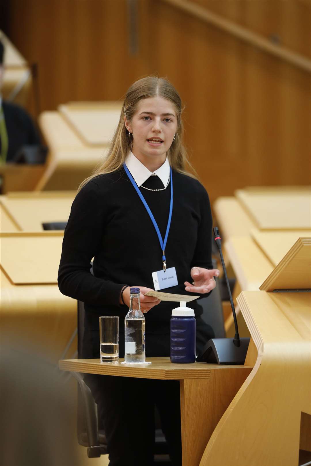 Orla McMichael, Fortrose Academy pictured during the Donald Dewar Memorial Debate final which took place in the Debating Chamber of the Scottish Parliament, Edinburgh. Teams from Fortrose Academy, Hutchesons Grammar School, High School of Glasgow and Dunfermline High School took part in the final where they debated to proposition "This House regrets the emergence of ‘cancel culture’". 09 June 2022. Pic - Andrew Cowan/Scottish Parliament