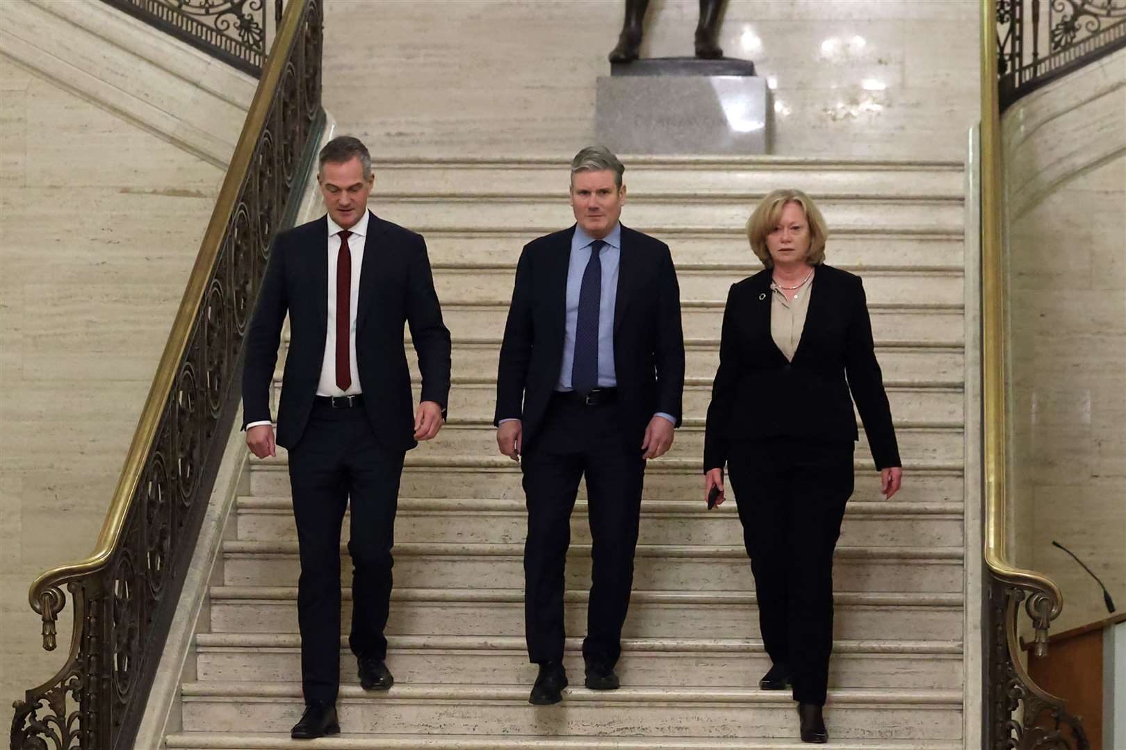 Peter Kyle, Sir Keir Starmer and shadow leader of the House of Lords Baroness Angela Smith at Stormont (Liam McBurney/PA