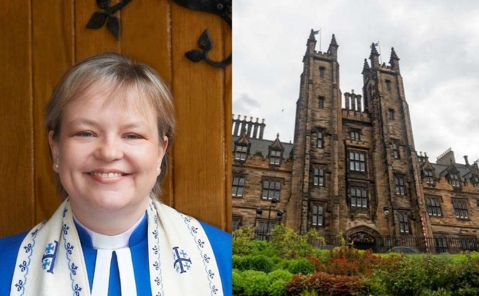 Rev Fiona Smith and the General Assembly Hall in Edinburgh.