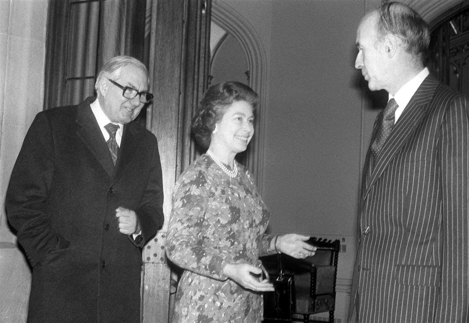 The Queen welcoming James Callaghan and French president Valery Giscard d’Estaing for a lunch at Windsor Castle in 1977 (PA)