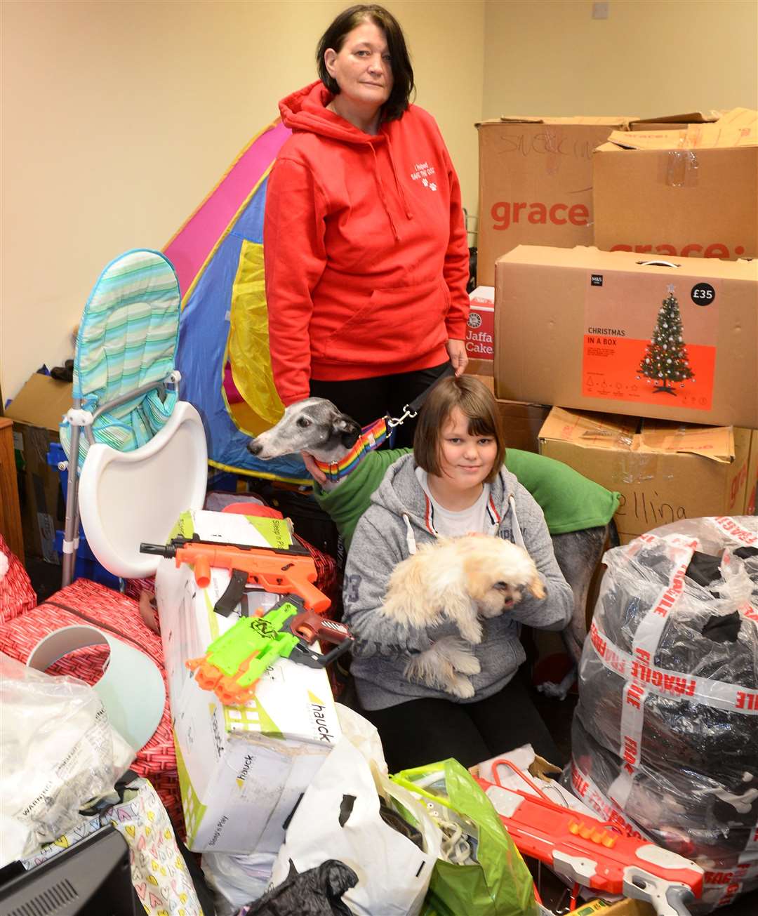 Jenn Johnson and daughter Lucy with rescue dogs Dante and Dylan and some of the donations received so far.