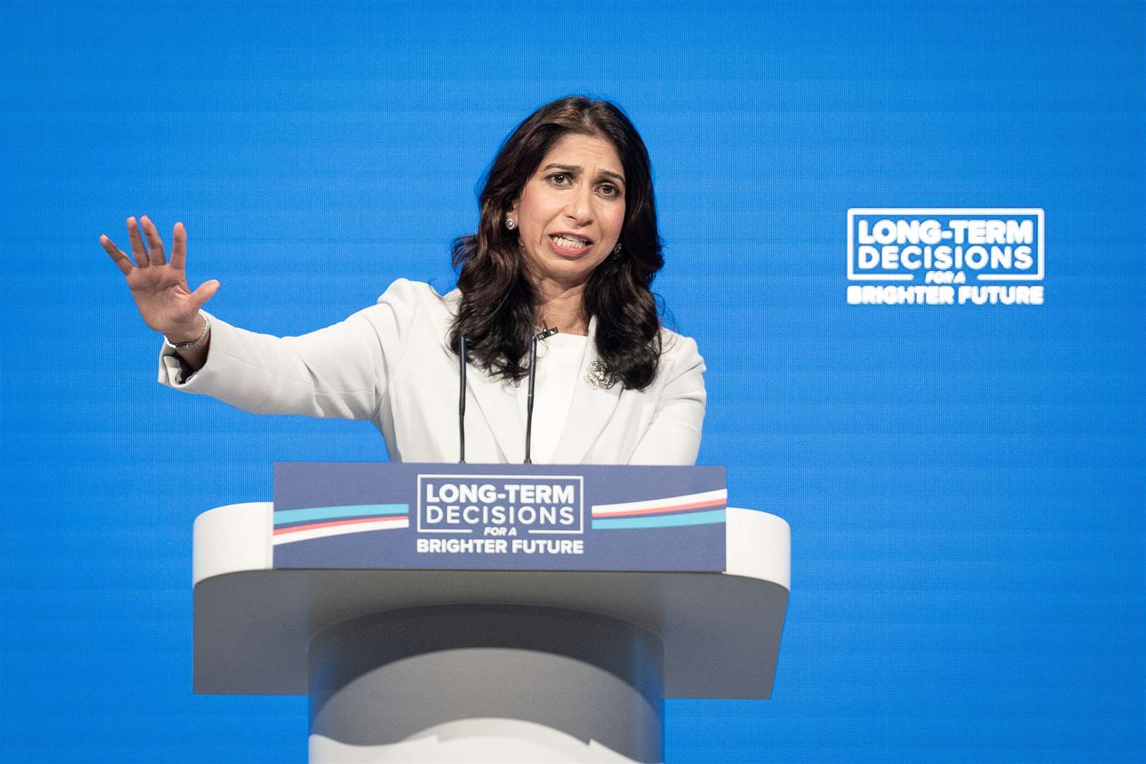 Mrs Braverman addressed the issue of migration in her keynote speech to the Conservative Party annual conference in Manchester (Stefan Rousseau/PA)