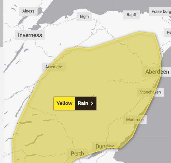The area covered by the warning includes part of the A9. The Met Office has also warned that the location and duration of the warning may be updated as the week progresses. Picture: Met Office.