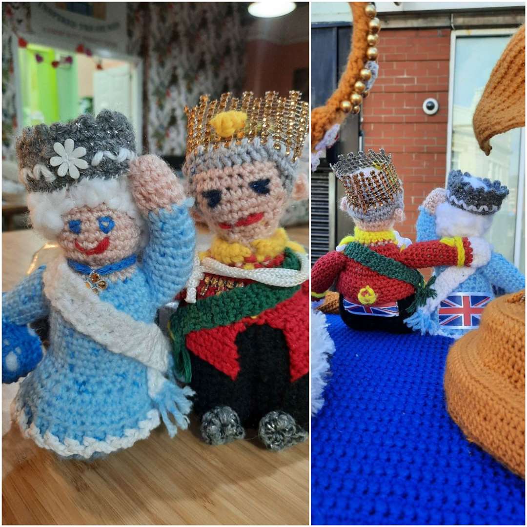 Crocheted Charles and Camilla from the front and back (Judit Kocsis-Barna/PA)