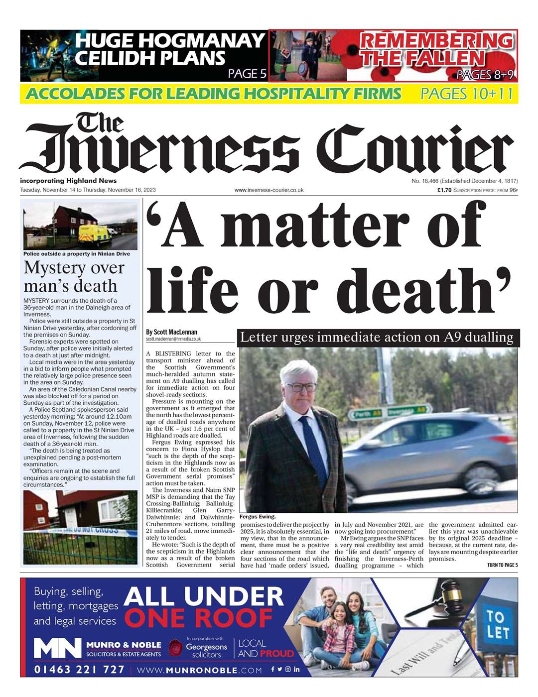The Inverness Courier, November 14, front page.
