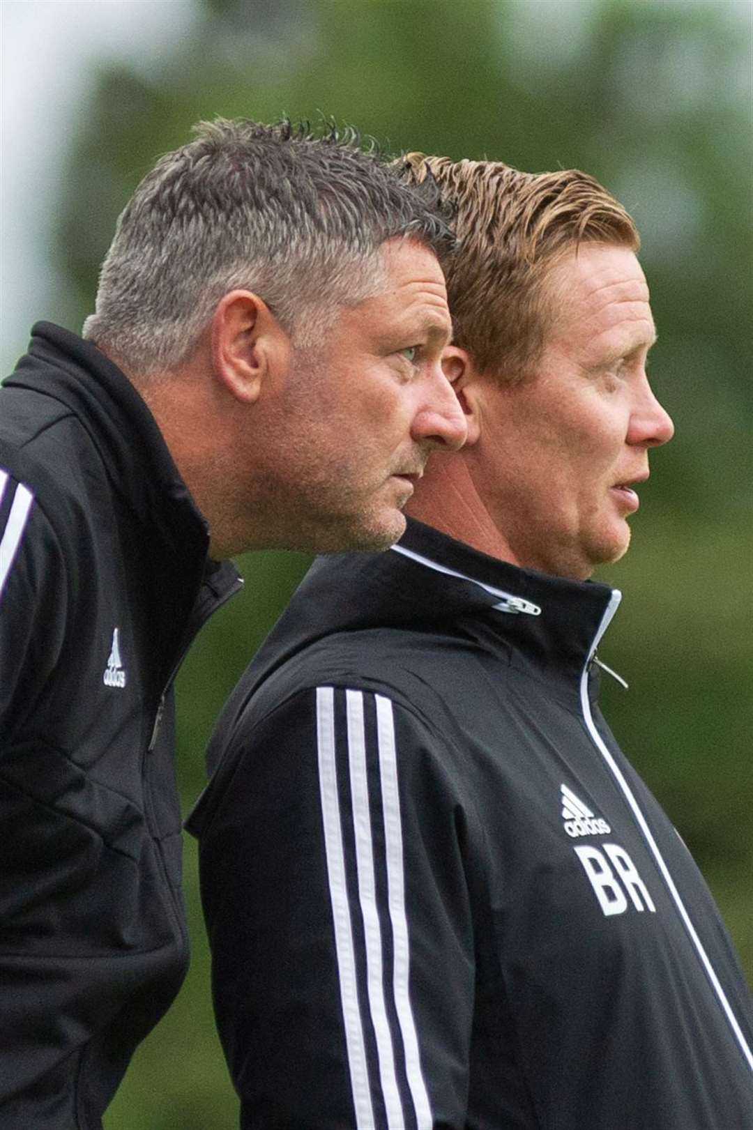 Tony Docherty and Barry Robson...125th Anniversary match between Elgin City FC (8) and an Aberdeen XI (1) - Borough Briggs, Elgin - 4th July 2019...Picture: Daniel Forsyth. Image No.044377.