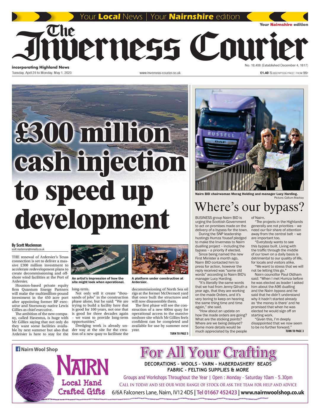 The Inverness Courier (Nairnshire edition), April 25, front page.
