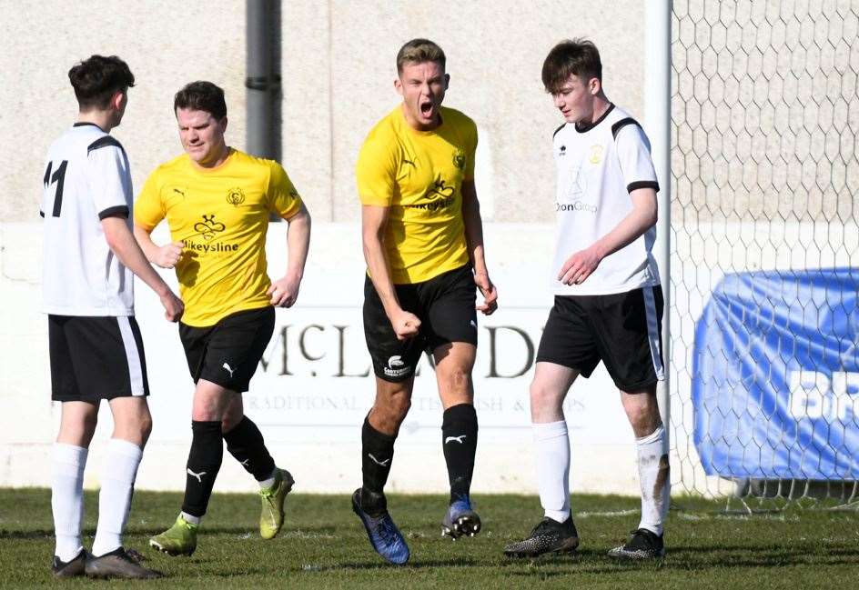 Fraser Dingwall celebrates scoring Nairn's equaliser against Clach, although they would go on to lose 2–1. Picture: James Mackenzie