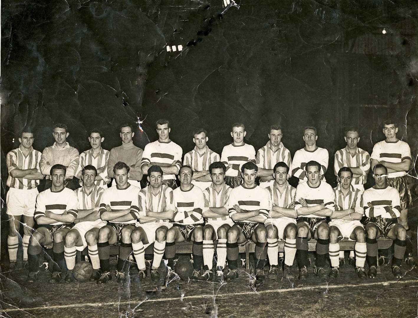 Sandy Ballantyne (Back row, far left) was in the 1959 line-up to mark the installation of floodlighting at Inverness Caledonian FC's ground.