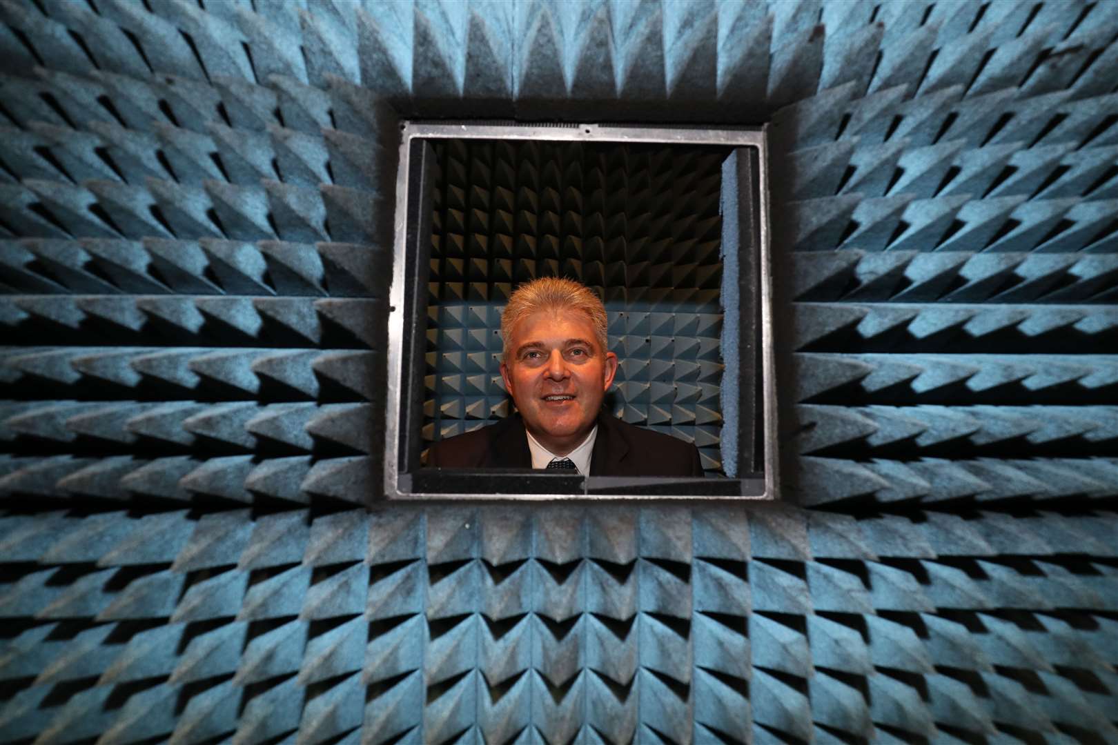 Newly appointed Northern Ireland Secretary Brandon Lewis in an anechoic chamber, during his visit to CSIT Northern Ireland Science Park in Belfast at the start of the year (Brian Lawless/PA)