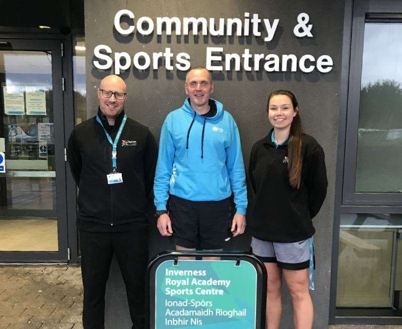 Pictured (from left) are Ross Dudgeon (Leisure Manager), Phill Blase (Leisure Supervisor) and Catrionna Russell(Leisure Supervisor) stand outside the entrance of Inverness Royal Academy Sports Centre.