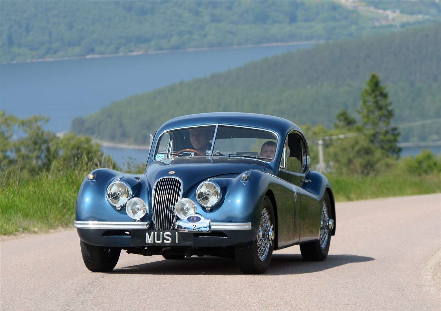 Loch Ness Classic and Vintage Car Tour..1954 Jaguar XK120 high above Dores...Picture: Gary Anthony. Image No.041274.
