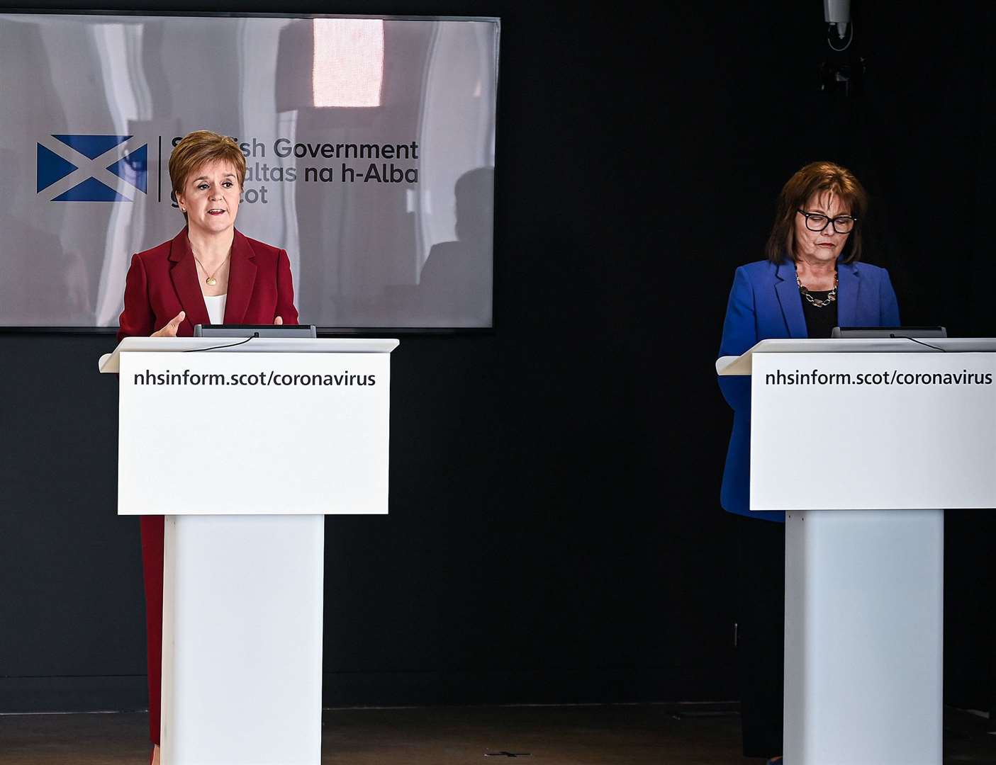 First Minister Nicola Sturgeon (left) speaking at a coronavirus briefing at St Andrews House in Edinburgh with health secretary Jeane Freeman. Photo credit: Jeff J Mitchell/PA Wire