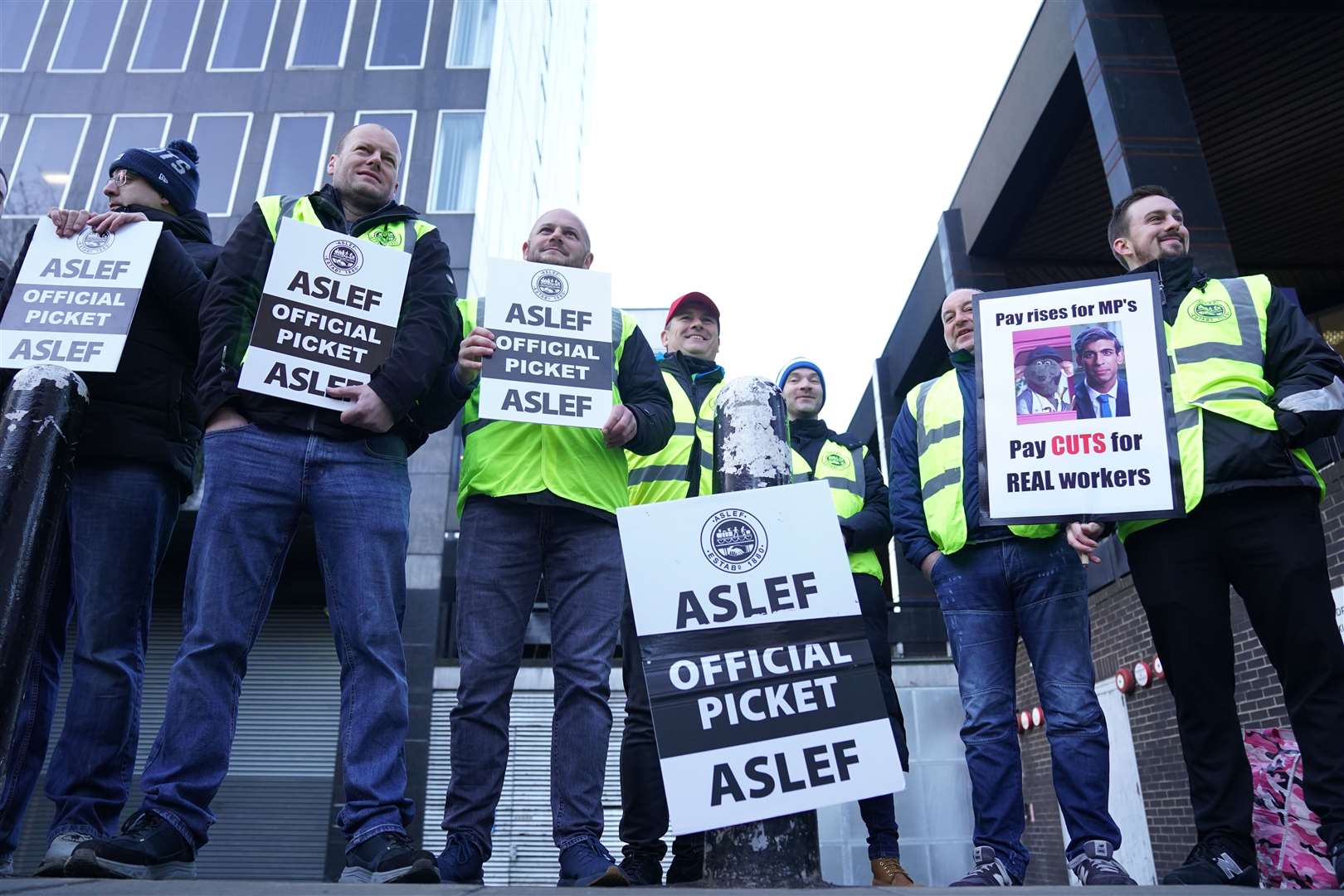 Members of the Aslef union on the picket line outside London Euston (Kirsty O’Connor/PA)