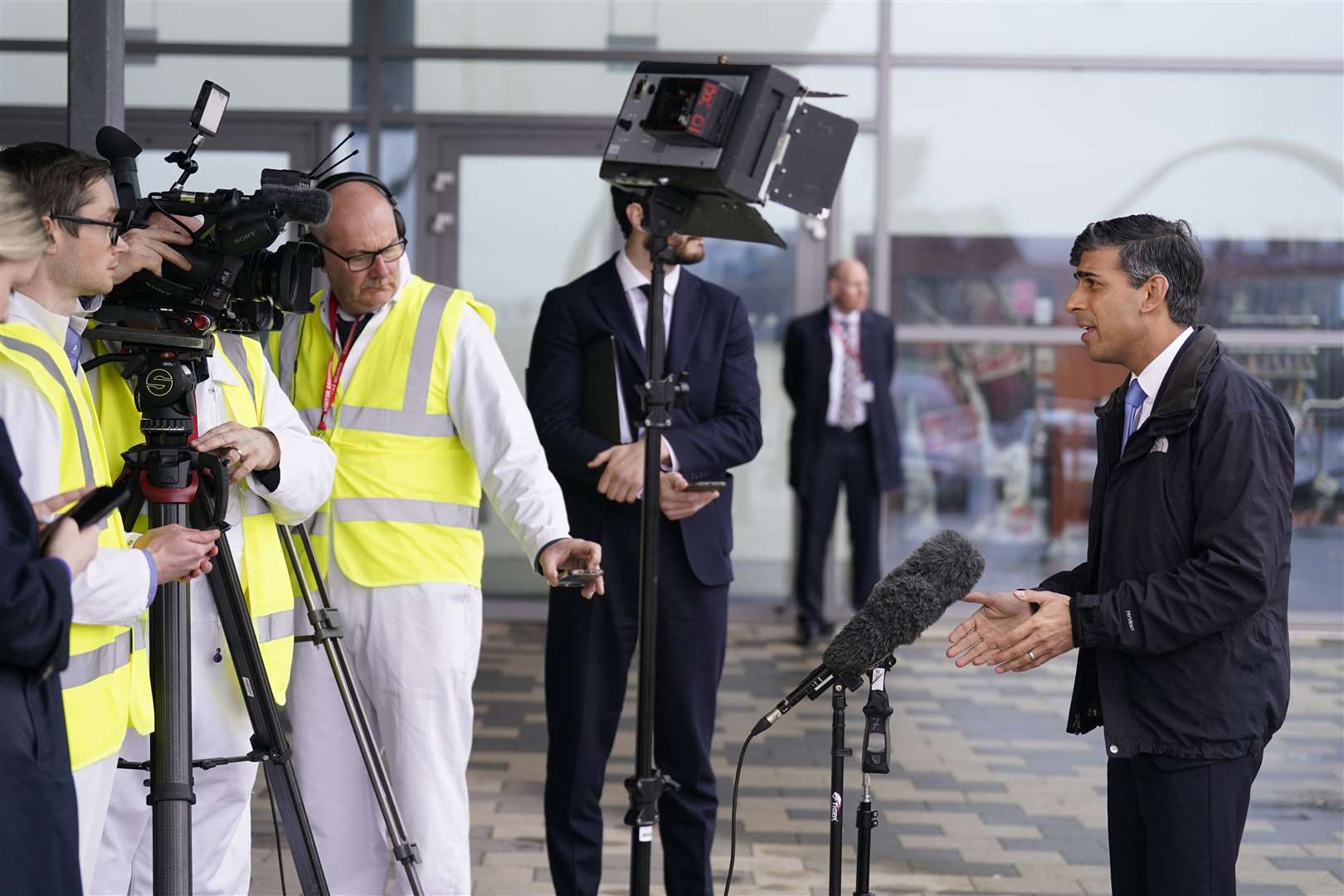 Prime Minister Rishi Sunak doing media interviews at BAE Systems Submarines (Danny Lawson/PA)