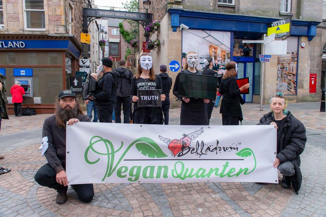 Joni Phippin with Inverness AV Cube founder Jamie Moyes presenting the banner for Belladrum's new vegan quarter. Picture by: Mark Richards - AuroraFindhorn