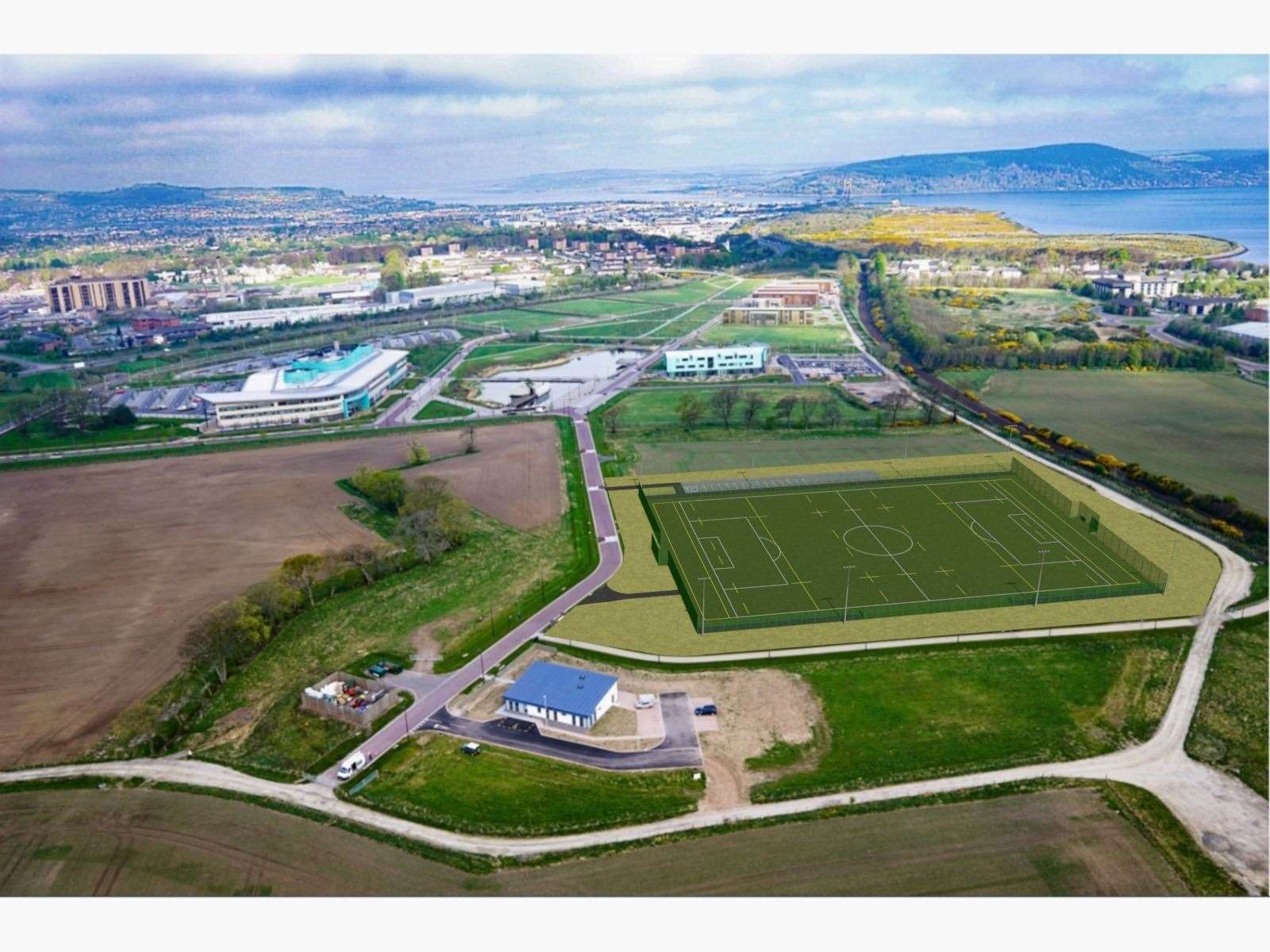 An aerial visual of the proposed sports pitch at UHI's Inverness campus.