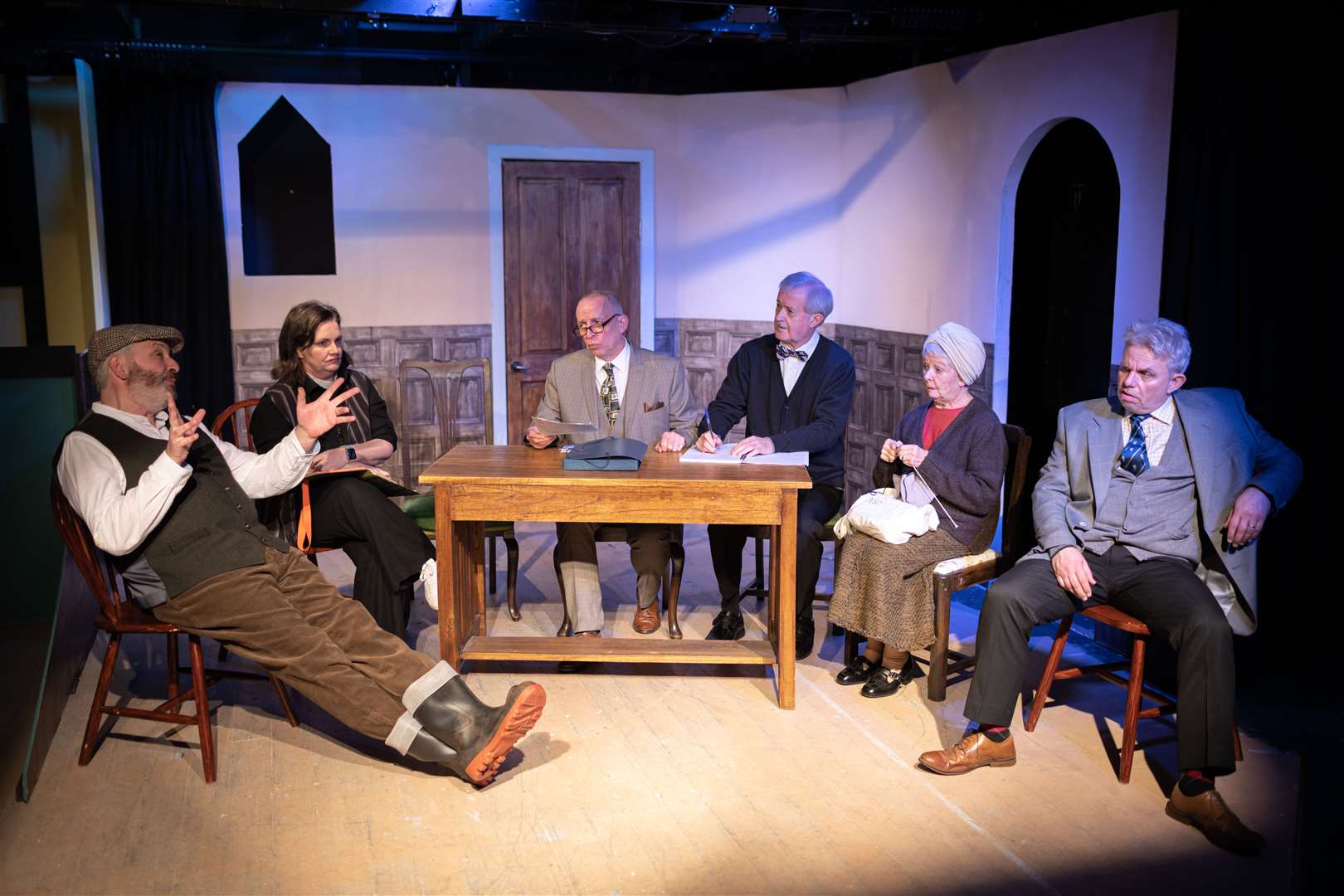 Dibley's loyal church committee plans community events, comedy ensues. From left – Martin Anderson as Owen, Lesley Mitchell as Geraldine, Nicholas Nicol as Hugo, Ian Shearer as Frank, Anna Bamborough as Letitia and Trevor Nicol as Jim. Picture: Alison Ozog