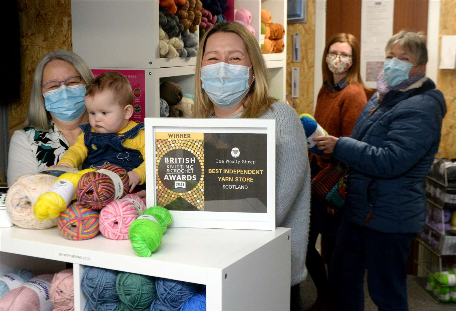 Best independent yarn store in Scotland winner Naomi Whyte (front) of the Woolly Sheep in Inverness with her mum Pearl, seven month year old daughter Ruby Rae Edwards, and customers Mary-Anne Thomson and Andrea Gritter. Picture: James Mackenzie.