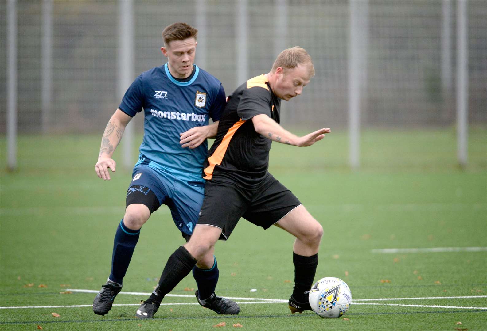 Loch Ness v Scourie at Canal Park October 2020..Sam Lucas of Scourie FC keeping the ball from Craig Mainland of Loch Ness FC..Picture: James Mackenzie..